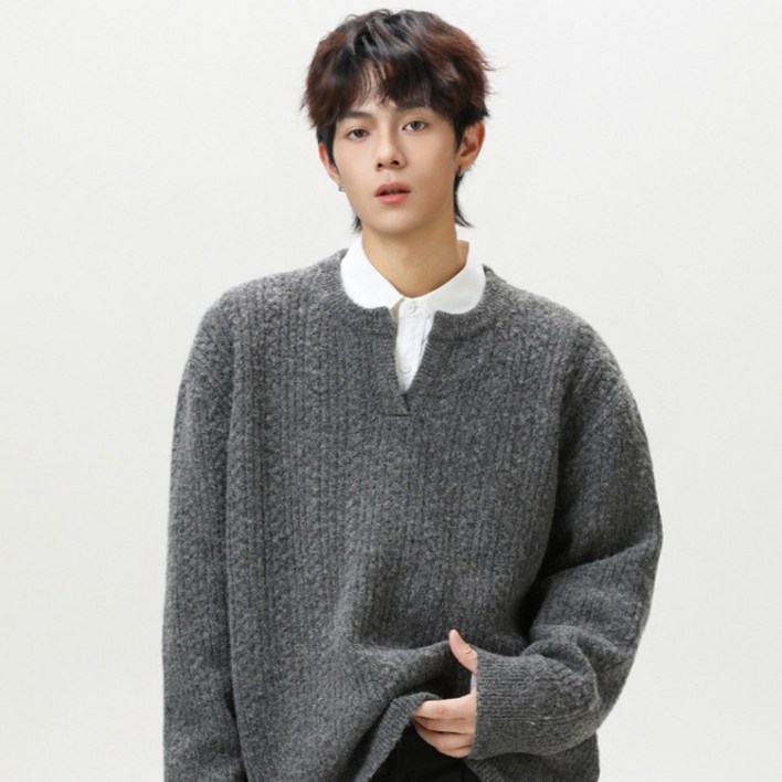 제이티엘 남성용 케이블 꼬임 패턴 브이 라운드 루즈핏 니트