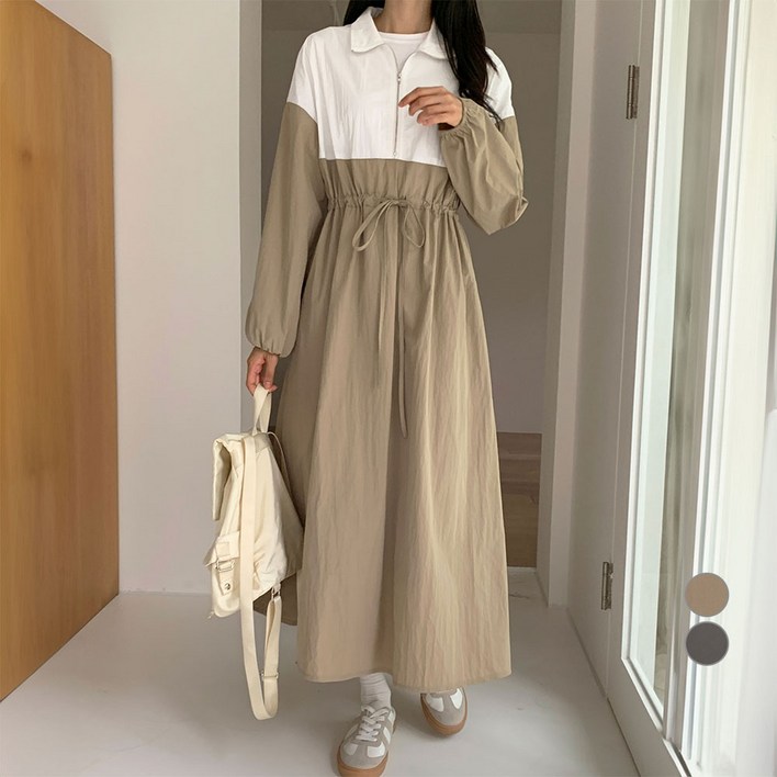 아피나르 여성용 루즈핏 아노락 배색 롱 원피스 아피나르 여성용 루즈핏 아노락 배색 롱 원피스