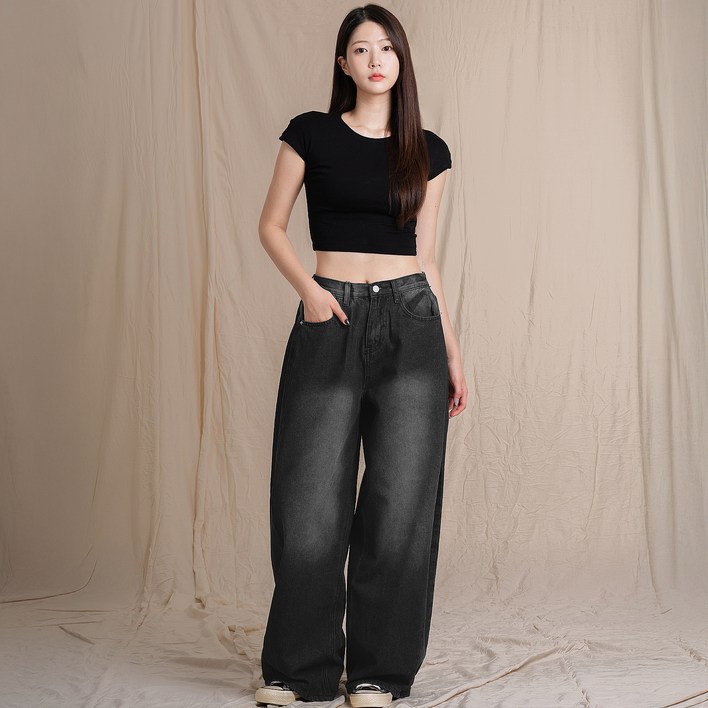 엘라모 여성용 기본롱 기장 옆핀턱 와이드 데님 팬츠