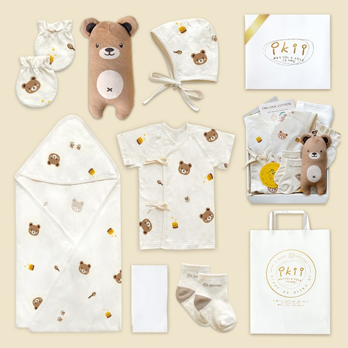 이키 유아용 오가닉 배냇저고리 반소매 7종 출산 선물세트 선물포장  쇼핑백