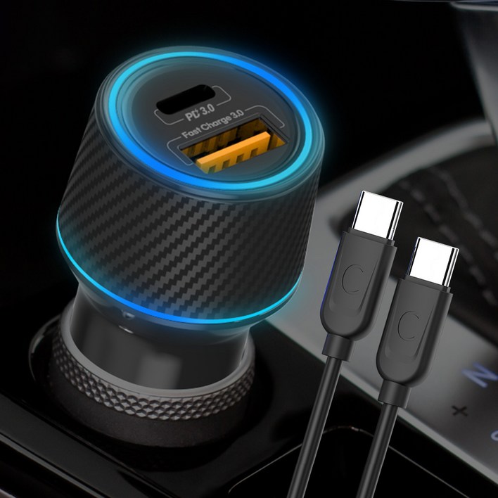 프라임큐 48W PD 3.0 초고속 LED 2포트 차량용충전기  C to C 고속 케이블 세트