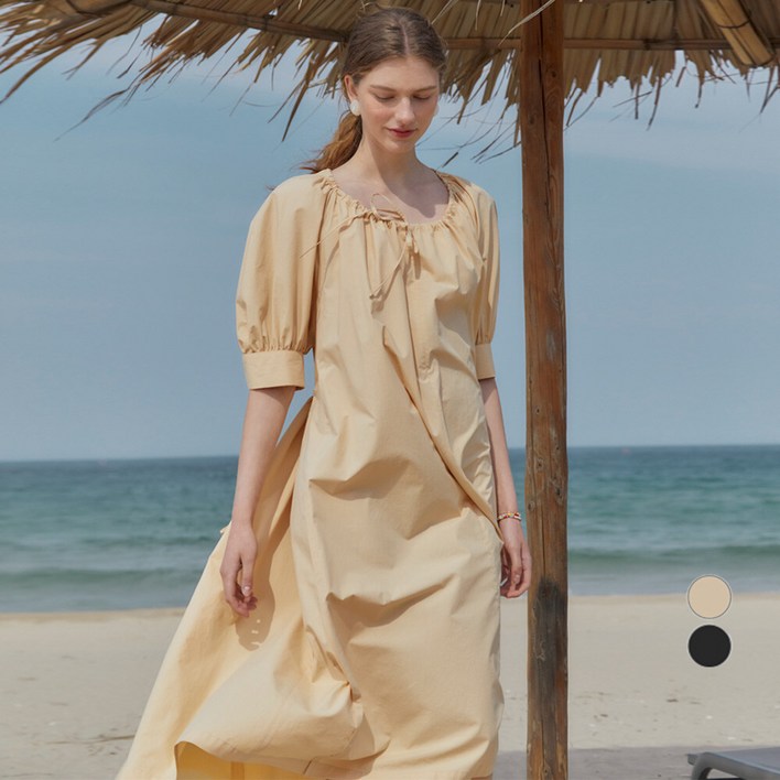 온앤온 여성용 클래식 셔링 넥 볼륨 소매 면 오버 롱 원피스 NEW3MO506