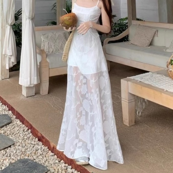 아이엠몽 여성용 슬림핏 스퀘어넥 플라워 패턴 민소매 롱 원피스 R6H061