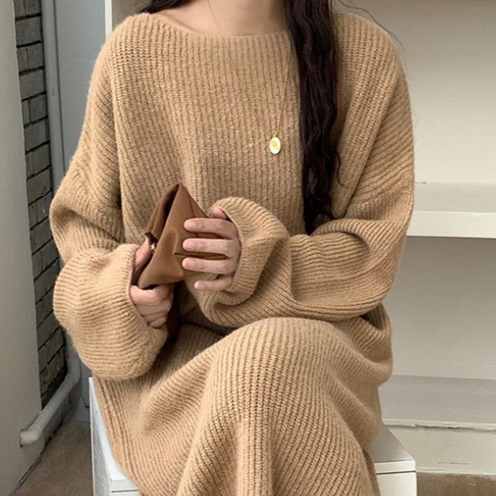 더시럽 여성용 라운드 루즈핏 롱 니트 골지 원피스 B