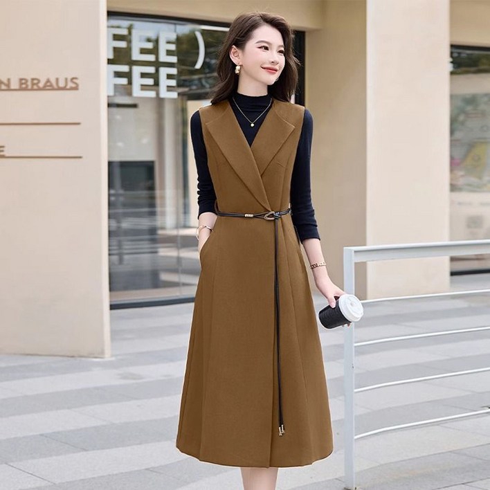 POMTOR 가을겨울 여자 슬림핏 민소매 정장넥 롱 조끼 허리 조임 원피스