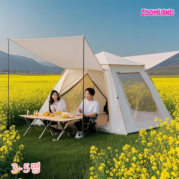 Zoomland 캠핑 텐트 사각 원터치 자동 원터치텐트 대형텐트 돔텐트 그늘막 전체개방, +방습 패드 세트, 3-5인