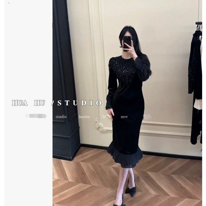 그루밍 (grooming) 여성 겨울 봄 고급 비단 레이스 카라 롱 머메이드 하객룩 원피스