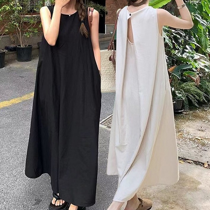모던허니 여름 린넨 민소매 롱 원피스 뒤트임 캐주얼 바캉스룩 휴양지룩 데이트룩 나시 OPS 하객룩 셀프웨딩 드레스