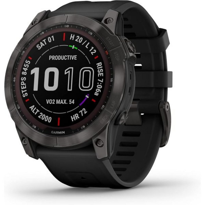 Garmin fenix 7X 사파이어 솔라, 더 큰 크기의 어드벤처 스마트워치, 태양열 충전 기능, GPS가 장착된 견고한 야외 시계, 터치스크린, 웰니스 검은색 밴드가 있는