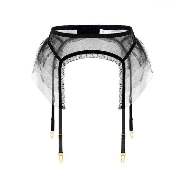 여성은 메쉬 가터 벨트 ruffle 트림 트림 정지 벨트를 통한 허벅지 높이를 봅니다.