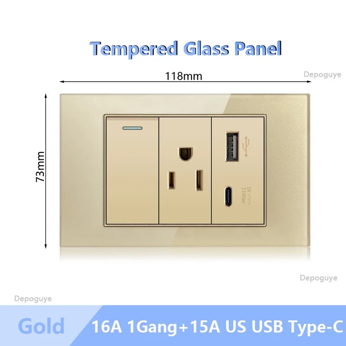 이중 벽 USB 플러그 소켓  멕시코 강화 유리 전등 스위치 콘센트 어댑터 유형c 고속 충전