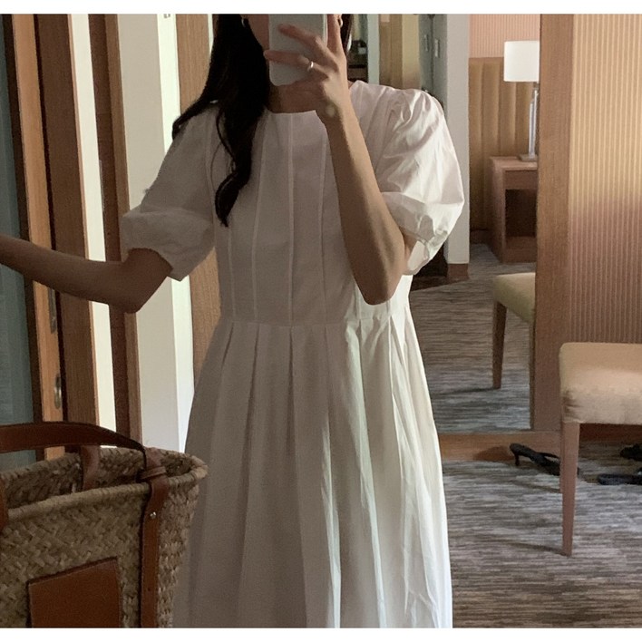 아포 핀턱 주름 라운드넥 루즈핏 a라인 셔링 벌룬 퍼프 반팔 코튼 무지 여름 롱 원피스3color