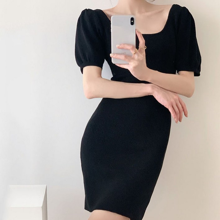 JIEVE 원피스 여성 여름용 스퀘어넥 슬림핏 퍼프소매 반팔 얇은 니트 원피스 PL061362
