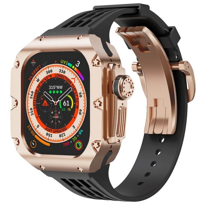 애차드밀 애플워치 호환 메탈 케이스 울트라 9 8 7 SE SE2 일체형 스트랩 명품 스테인리스 티타늄 밴드 줄질, 03.로즈블랙