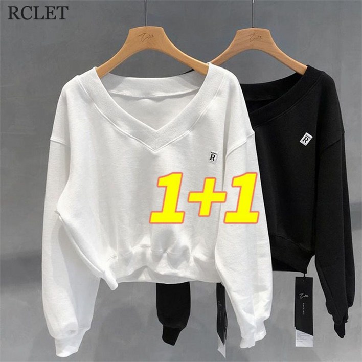 RCLET 여자 11 V넥 긴팔티셔츠 캐주얼 크롭 맨투맨 루즈핏 긴팔상의 데일리 봄가을