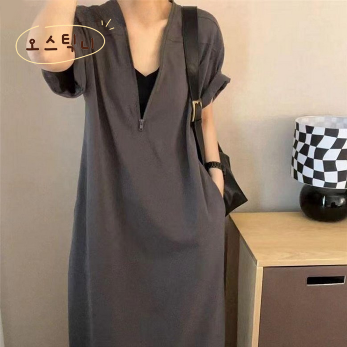 오스틱니 (땡처리 특가상품) 130kg까지 빅사이즈 여성 여름 집업 순색 빈티지 반팔 원피스 날씬해보이는 루즈핏 박스 프렌치 헵번 지퍼 심플 큰옷 여성의류 큰언니 롱원피스 이월상품