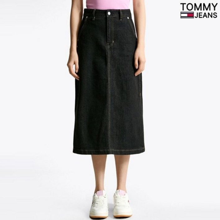 타미힐피거 TOMMY HILFIGER 타미진 여성 심플 솔리드 흑청 슬릿 데님 롱스커트 NFS10-BS 659020