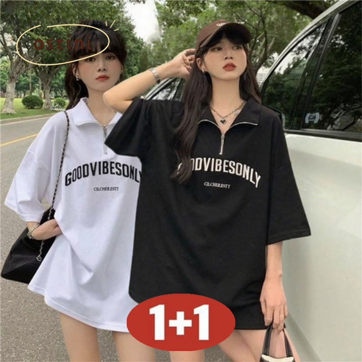 오스틱니150kg까지 빅사이즈 11 날씬해보이는 카라넥 반집업 칼라 프린트 무지 심플 미디티 반팔 티셔츠 여성 여름 편한 영문티 레터링 루즈핏 얇은 시원한  캐주얼티