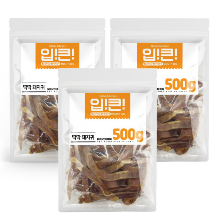 입큰 강아지수제간식 국내산 수제간식 돼지귀슬라이스, 1개, 500g, 3개
