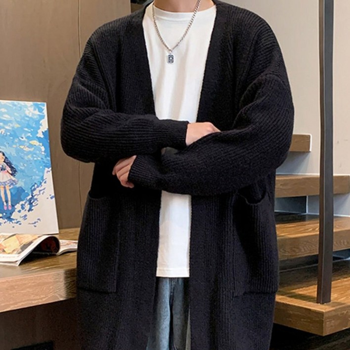 남자 봄 가을 롱 가디건 패션 얇은 니트 코트 루즈핏 스웨터 카디건 캐주얼 심플 니트 가디건 재킷 LPC