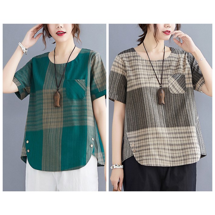 레노이 11 여름 중년여성 체크 라운드핏 반팔 티셔츠 엄마옷 여자상의