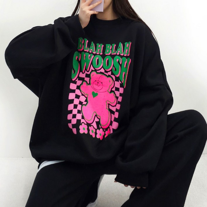 4XL, 2COLOR 스우시곰돌 맨투맨 기모ver. 5599까지 오버사이즈 남여공용 기모 겨울 홈웨어 박스맨투맨