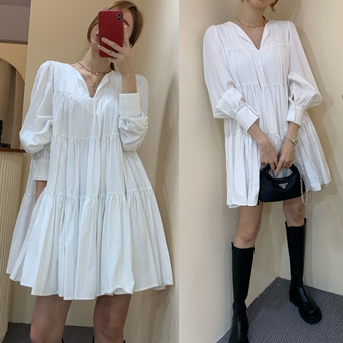 힙샵 여성 봄신상 캉캉 핀턱 레이어드 A라인 프릴 셔링 러블리 하객룩 봄하객룩 헤리핀턱 미니 원피스