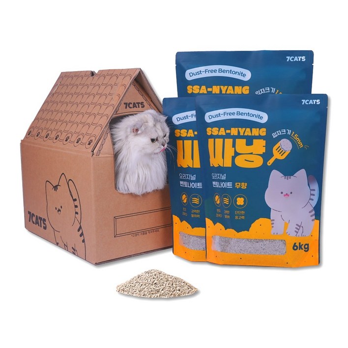 먼지없는 7CATS 싸냥 프리미엄 벤토나이트 고양이모래 무향 6kg x 3개 + 숨숨집 패키지, 18kg, 1세트, 무향