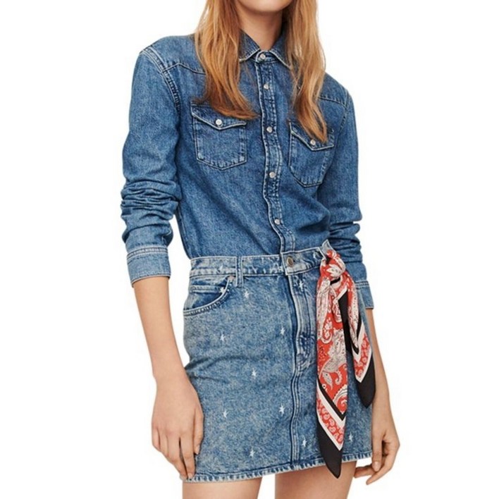 마쥬 마제 리멜 데님 미니 드레스 셔츠 스커트 룩 웨스턴 카우보이 반다나 진 34 XS 4717422
