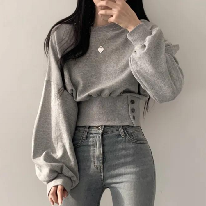 슬림밴딩 크롭 퍼프소매 버튼 라운드넥 여성 긴팔 단추 티셔츠