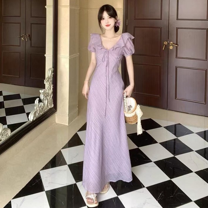 besteffie 롱원피스 여성용 여름 코튼 드레스 플리츠 드레스 라운드넥 플레어 신혼여행 K97