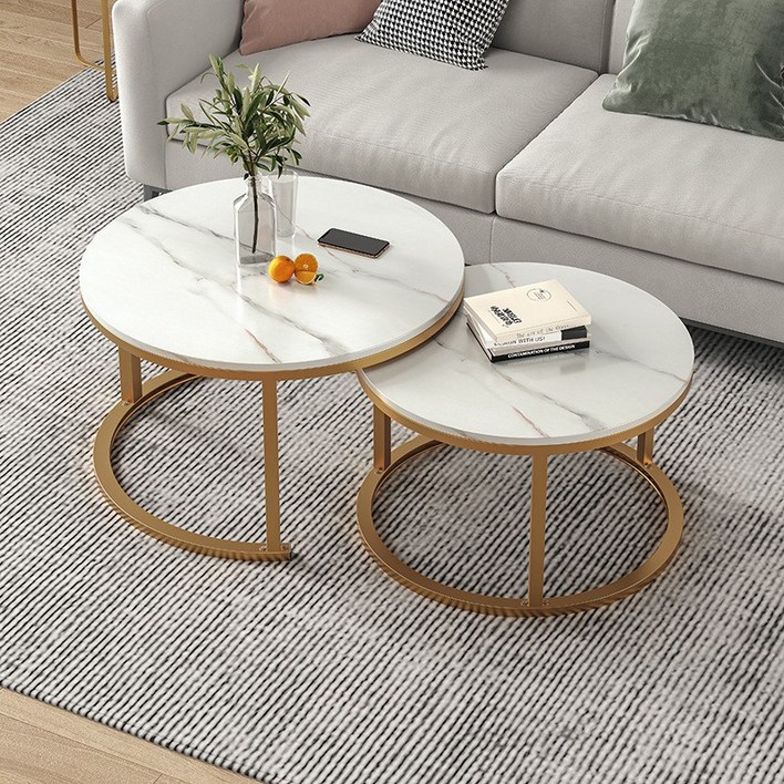 가정용 원형 티테이블 거실테이블 세트 80CM+60CM, 흰색