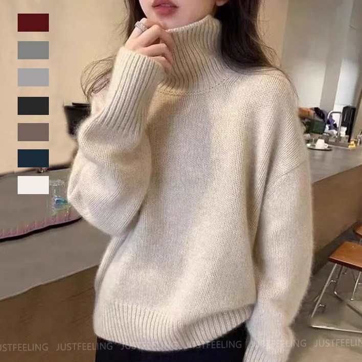 JUSTFEELING 목폴라 빅사이즈 니트티셔츠 세련된 여성 직장인 모임룩 루즈핏 부드러운 스웨터 코트 포인트 니트 티셔츠