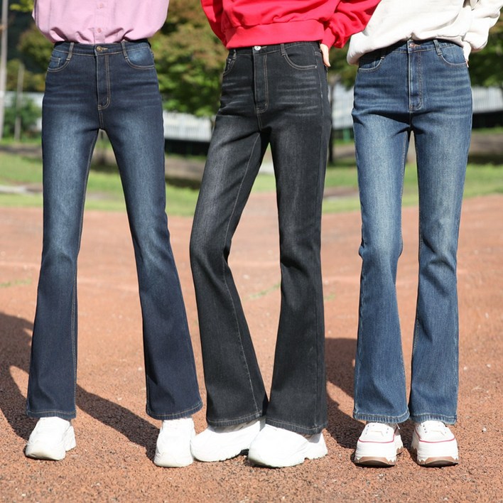 동대문스타일 여자 부츠컷 기모청바지 캣브러쉬워싱 스판 융본딩 나팔바지 여성 겨울 데님 팬츠 겨울 보온 PANTS