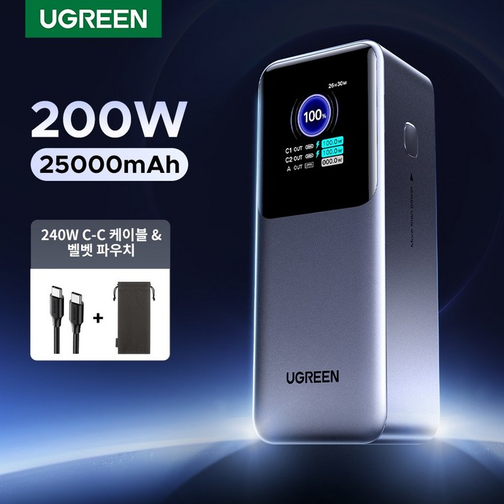 UGREEN 유그린 Nexode 200W 보조배터리 25000mAh 대용량 보조배터리고속충전 PD 3.1 고속 충전 3포트 보조배터리 240W C타입 고속 충전 케이블 포함, Grey, PB722 UGREEN 유그린 Nexode 200W 보조배터리 25000mAh 대용량 보조배터리고속충전 PD 3.1 고속 충전 3포트 보조배터리 240W C타입 고속 충전 케이블 포함, Grey, PB722