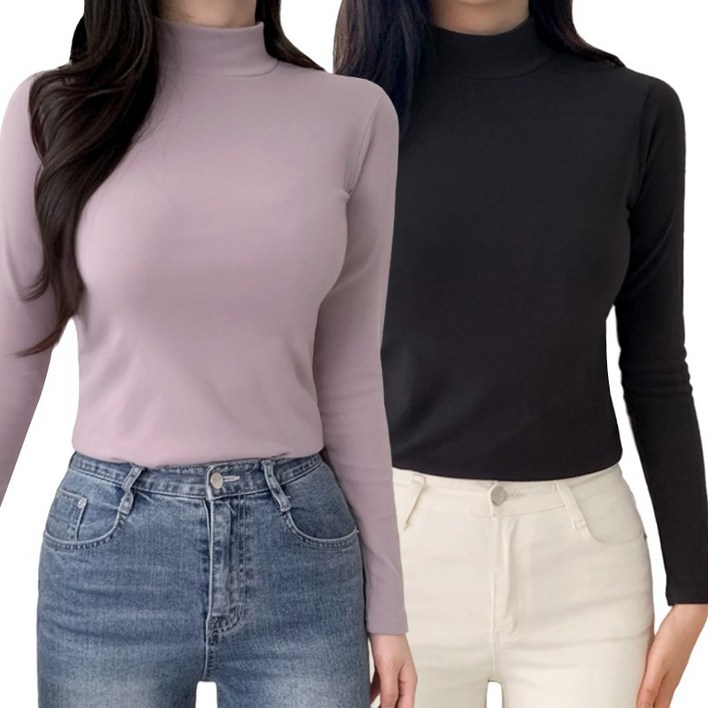 1+1 허블리 부드러운 여성 도톰 기모 반목티 긴팔 티셔츠