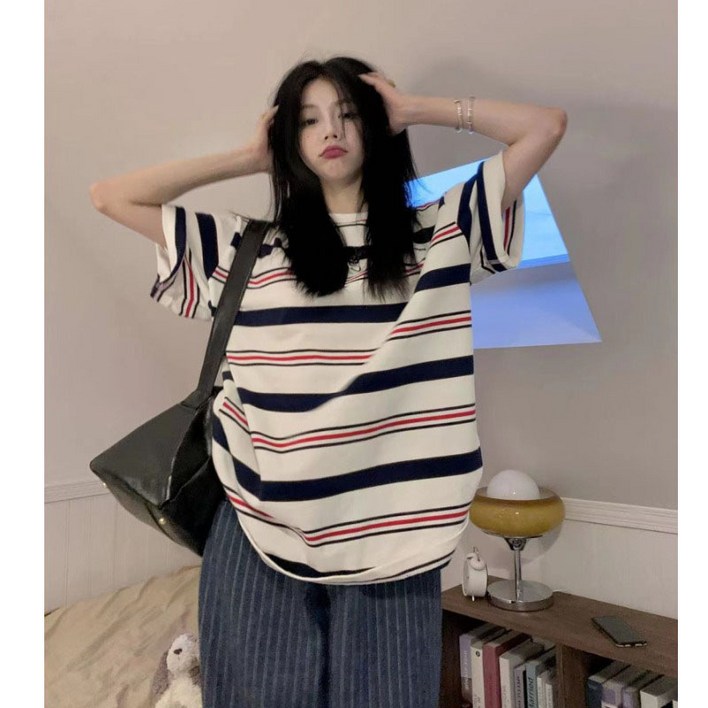쁘띠꼬모 스트라이프 여자 여름 빅사이즈 오버핏 롱박스티셔츠 스트라이프 라운드 반팔티