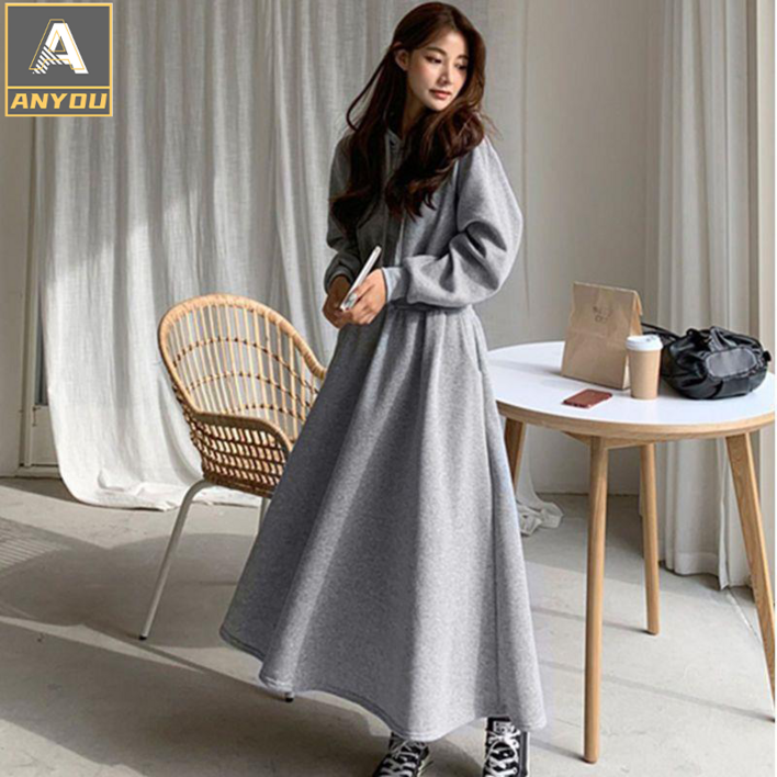 ANYOU 봄가을 여사 트레이닝 심플 캐주얼 후드티 원피스 세트 ANYOU 봄가을 여사 트레이닝 심플 캐주얼 후드티 원피스 세트