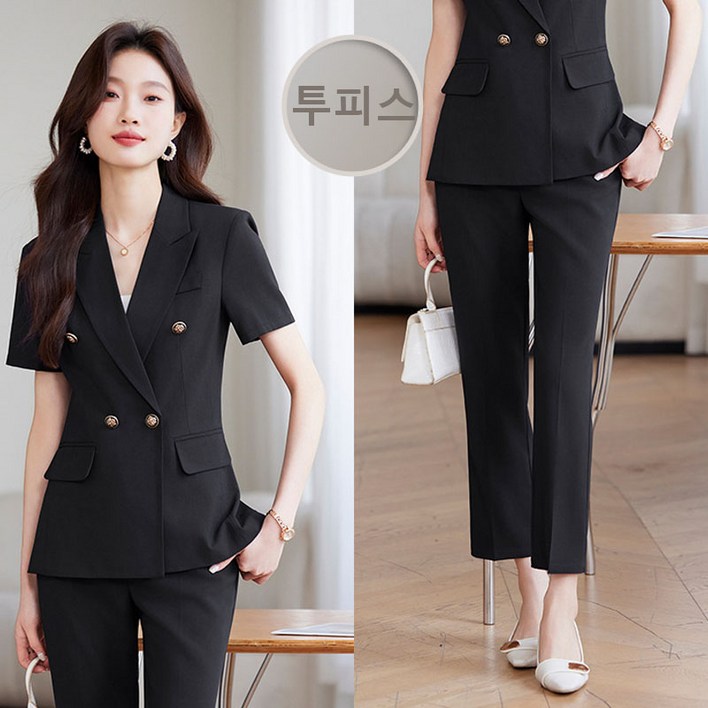 COSYEVNO 여름 여성 정장 세트 반팔 코트+바지 오피스룩 슬림핏 면접 트렌드 시크 직장인 투피스