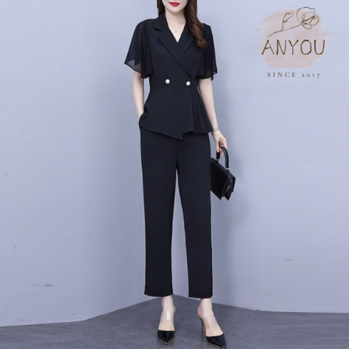 ANYOU 여성 여름 빅사이즈 정장 키작녀 직장인 양복 반팔 긴바지 세트