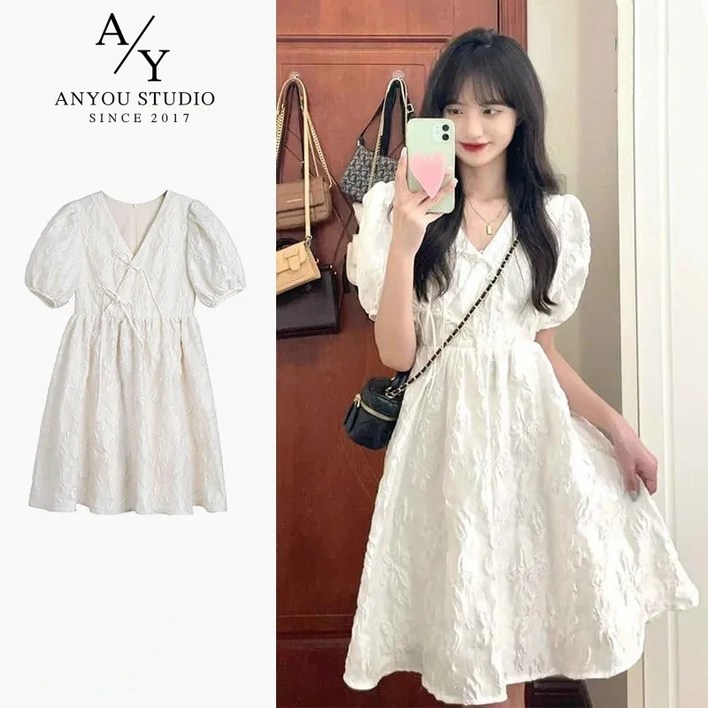 ANYOU 여름 원피스 반팔 원피스 여자 화이트 원피스 허리 조임 슬림 원피스