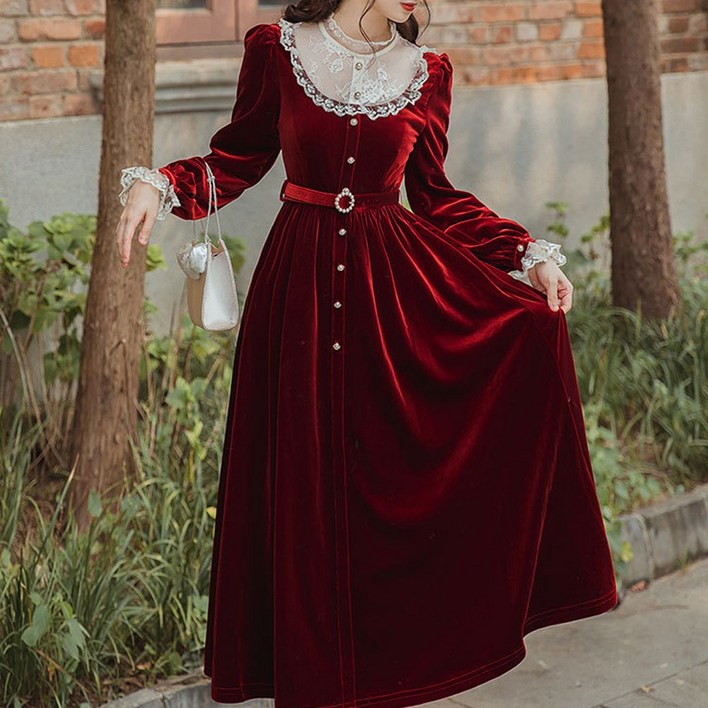 대여 리얼레드 벨벳 라운드레이스 원피스 경성의상