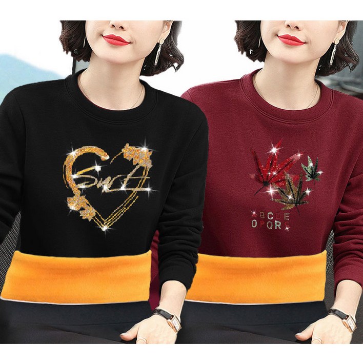 1+1 중년 여성 기모 티셔츠 캐주얼 겨울 도톰 레깅스 상의 루즈핏 이너 긴팔티 중장년 엄마 기질 기모 라운드 티셔츠 빅사이즈 2P CY