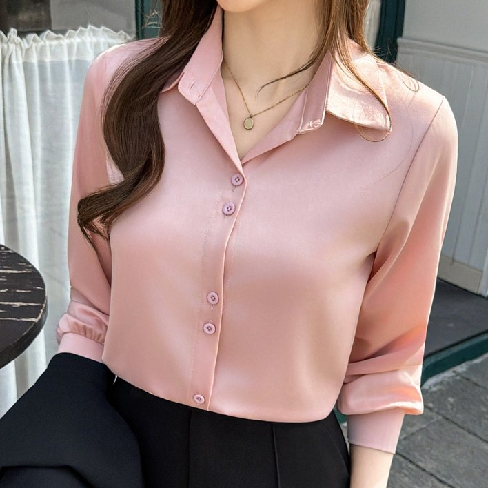 화지나무 여성 브이넥 카라 쉬폰 긴팔 셔츠 블라우스