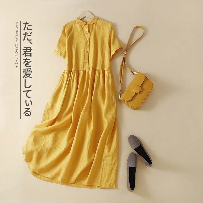 POMTOR여성 여름 대형 루즈한 휴양지 린넨 원피스 노란색 XL