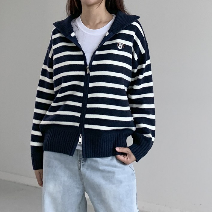 행복여 도기 자수 스트라이프 투웨이 니트 집업 가디건