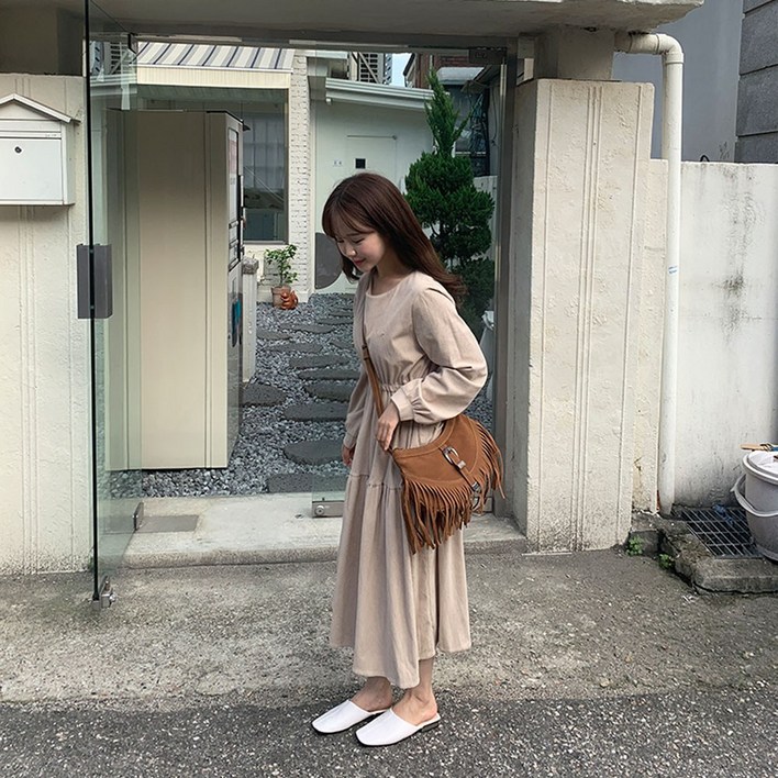 [키작녀추천] 라운드 골덴 캉캉 스트링 플레어 롱 원피스 나들이 가을원피스 키작녀원피스 하객룩