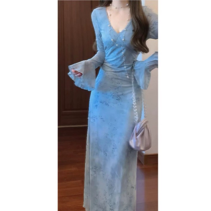 여성 긴팔 쉬폰 롱 원피스 청순 스타일 프린트 벨 슬리브 슬림 허리 브이넥 레이스 롱 드레스 여성 LCL