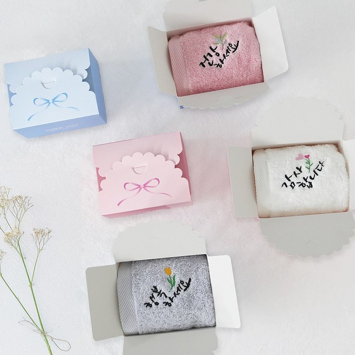 어메니티타올 캘리 자수 40수 무형광 고리수건 레이스케이스 선물포장 답례품, 피치핑크건강, 20개