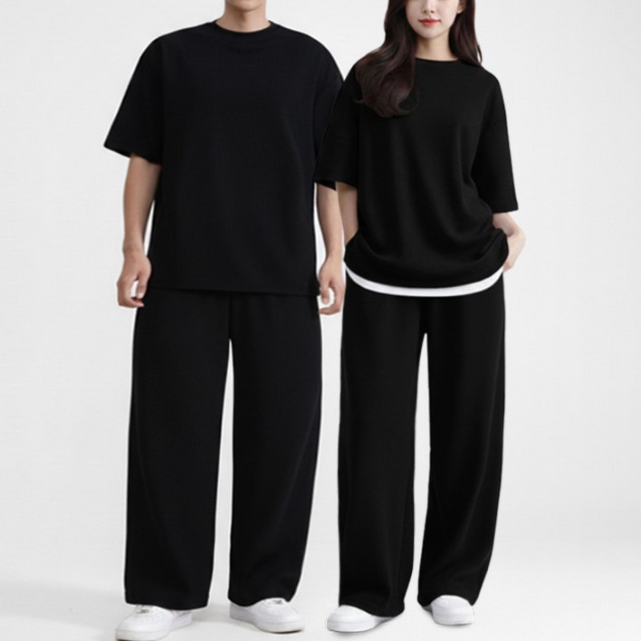 턴키 빅사이즈(90-140까지) 남녀공용 와플 오버핏 반팔티+긴바지 상하세트